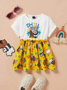 We Bare Bears X SHEIN Schattig jurkje voor babymeisje met contrasterende cartoonprint en ruches