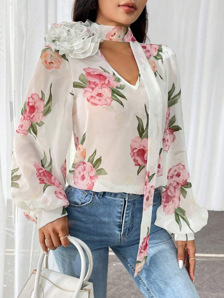 Ladies' 3D Flower Romantic Chiffon See-Through Long Sleeve Shirt, Valentine's Day