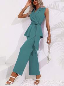 Chiquease Women's Simple Casual Collarless Sleeveless Suit Vest And Trousers Suit Set - Blue - View 5