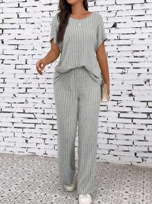 EMERY ROSE Summer Casual Solid Color Batwing Sleeve T-Shirt And Pants Set - Grey - View 4