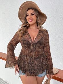 SHEIN VCAY 大码波西米亚风荷叶边佩斯利印花系带喇叭袖上衣，波西米亚风