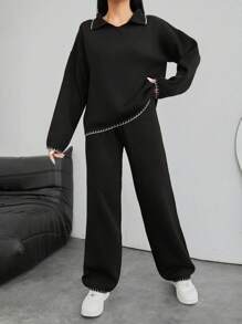 EURMUSE Women's Collared Drop-Shoulder Sweater And Sweater Pants Two-Piece Set - Black - View 5