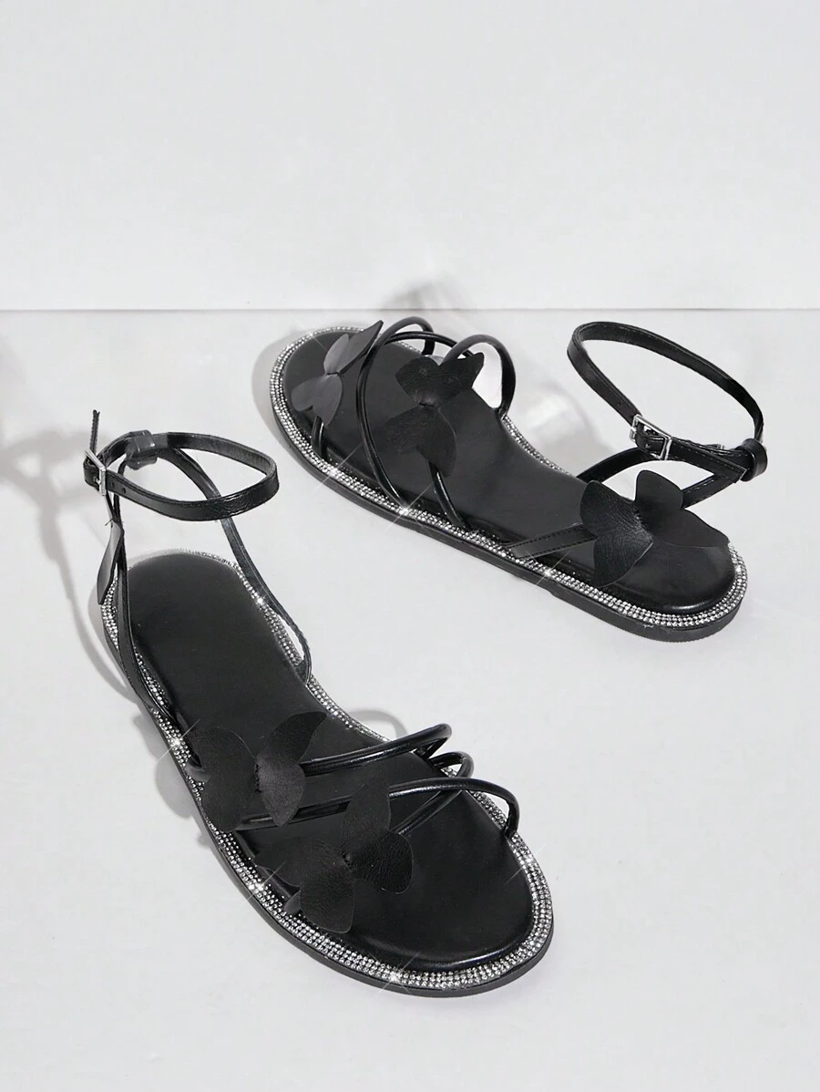 SHUZIA Women Solid Color Butterfly Decorated Casual Flat Sandals - Black - View 1