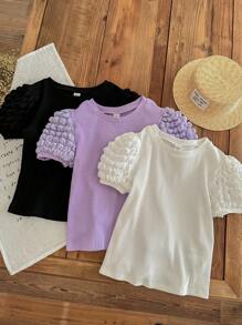 Tween Girl 3pcs Knit Textured Puff Sleeve Tee With Round Neckline, Casual - Multicolor - View 3