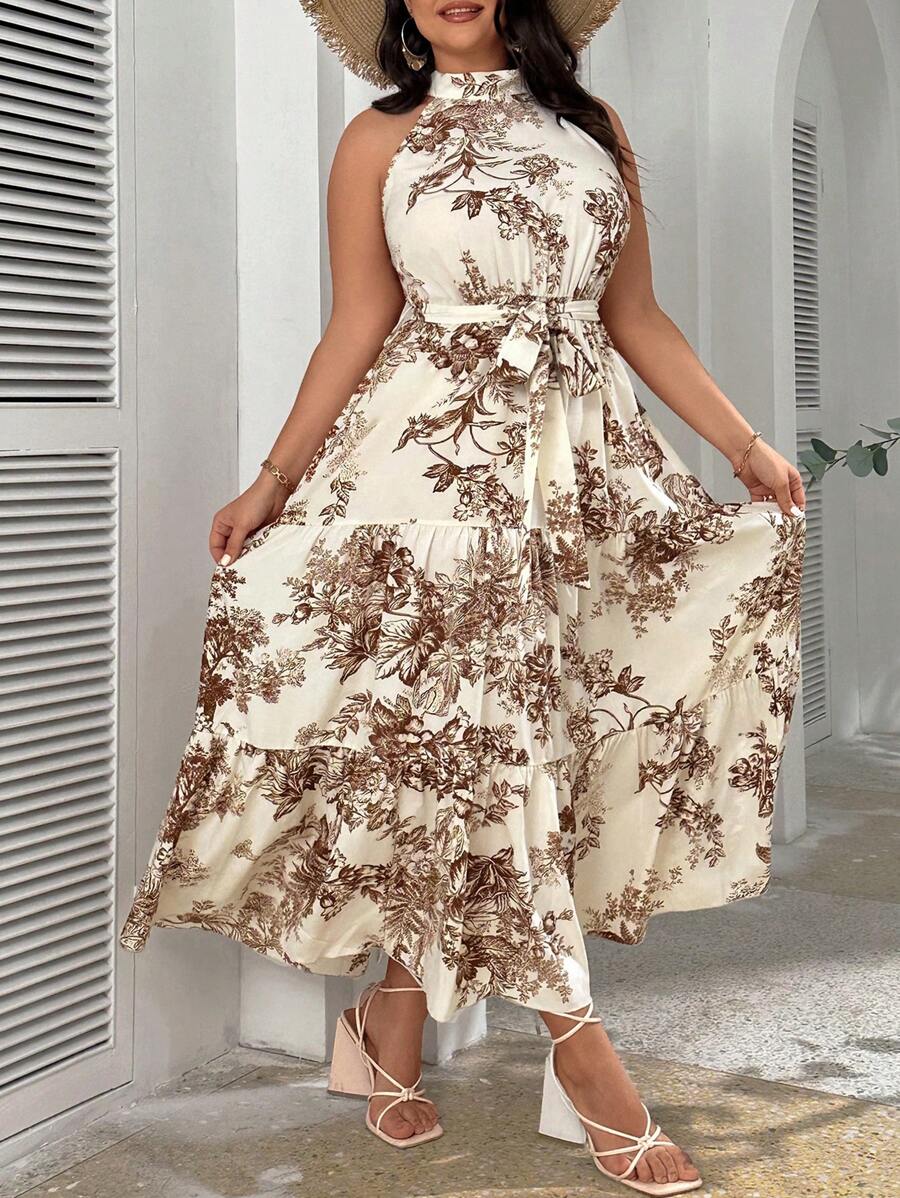 SHEIN Clasi Plus Size Cold-Shoulder Belted Floral Ruffle Hem Summer Dress Maxi Women Outfit - Apricot - View 1