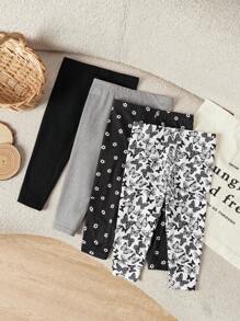 SHEIN LMoss Kids LMoss Baby Girl Snug-Fit Knitted Cartoon Patterned Elastic Waistband Long Pants 4pcs/Set Graphic - Multicolor - View 4