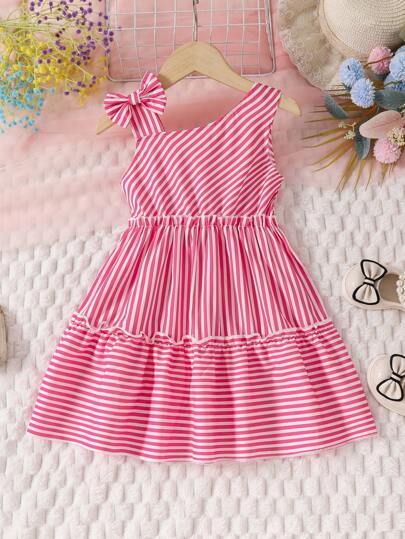 SHEIN Vintaside Kids Young Girl Fashionable Open Shoulder Striped Dress