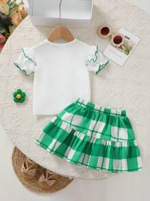 2pcs Baby Girls' Plaid Printed Short Sleeve Outfit Set - Green - View 2