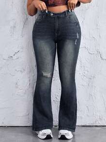 SHEIN EZwear Quần jean ống loe cỡ lớn thông thường với thiết kế đau khổ và giặt sạch - Màu xanh lam - Xem 1