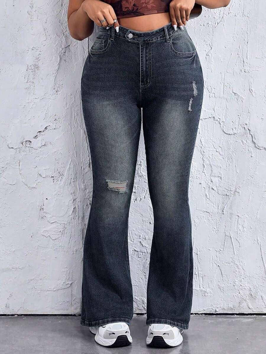 SHEIN EZwear Quần jean ống loe cỡ lớn thông thường với thiết kế đau khổ và giặt sạch - Màu xanh lam - Xem 1