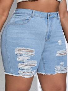 SHEIN CURVE+ 大碼女性性感撕破牛仔摩托車短褲，具有彈性 - 藍色 - 查看 3