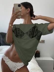 DAZY Áo thun nữ tay ngắn cổ tròn rộng rãi màu lưới tương phản họa tiết áo thun họa tiết - màu xanh lá - Xem 1