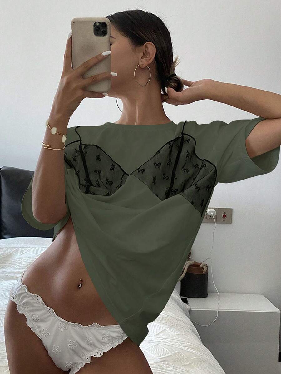 DAZY Áo thun nữ tay ngắn cổ tròn rộng rãi màu lưới tương phản họa tiết áo thun họa tiết - màu xanh lá - Xem 1