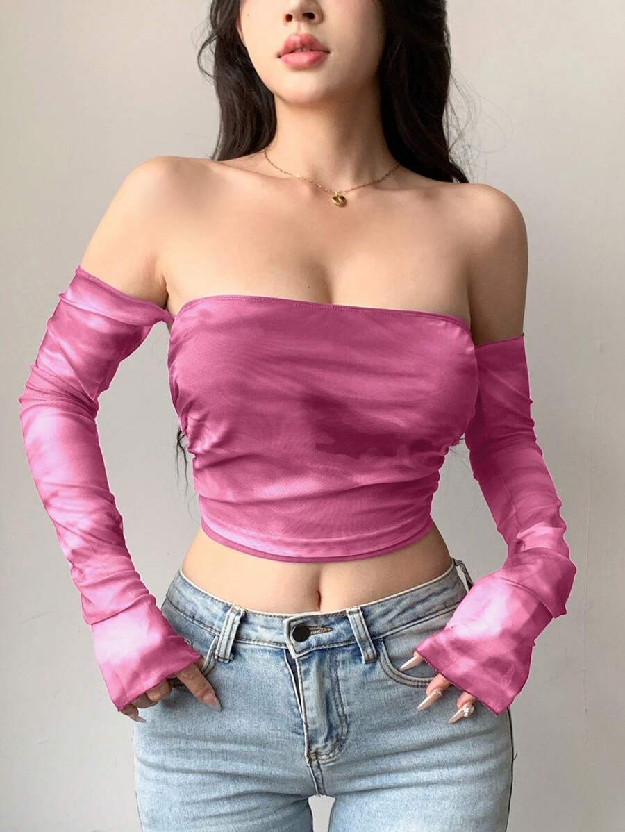 DAZY 扎染透明网眼短款露肩长袖女式上衣外出上衣节日夏季露肩上衣 - 粉色 - 查看 1