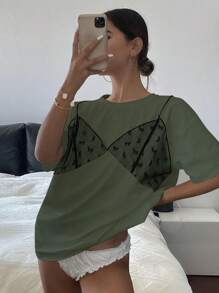 DAZY Áo thun nữ tay ngắn cổ tròn rộng rãi màu lưới tương phản họa tiết áo thun họa tiết - màu xanh lá - Xem 5