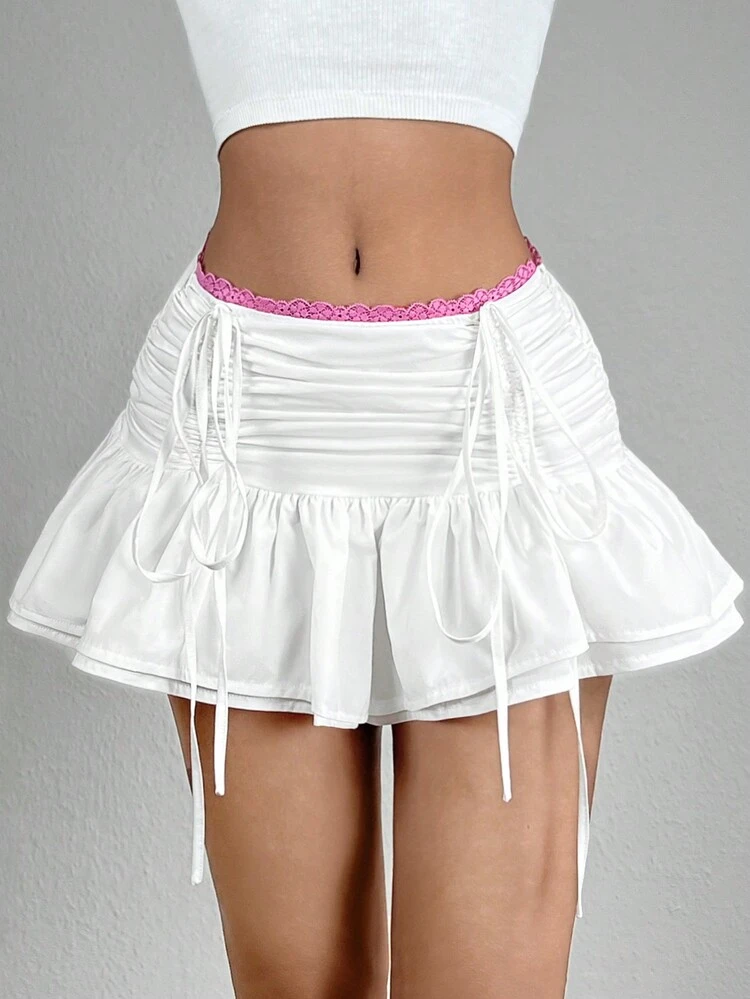 Low Waist Pleated Drawstring Ruched Hem Skirt