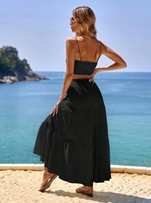 SHEIN VCAY Áo thun thêu khoét rỗng trơn phong cách nghỉ mát & chân váy dài 2 món/bộ, mùa cưới - màu đen - Xem 2