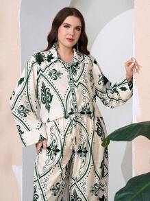 Mulvari 大尺碼隨機印花領口單排扣長袖上衣和褲子，休閒兩件套裝