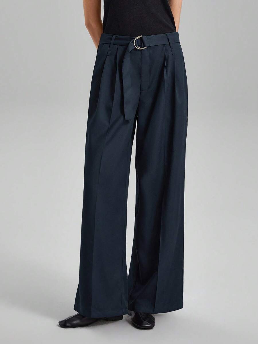 Ontre 女士純色百褶腰帶寬腿西裝褲 - 藍色 - 查看 1