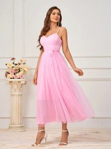 SHEIN Belle 淺粉色網紗浪漫度假連身裙 - 粉色 - 查看 6