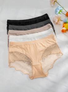 5pcs Patchwork Heart-Shaped Jacquard Mesh Hipster Panties