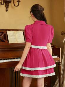 Conjunto elegante de dos piezas para niña preadolescente con blusa de encaje y falda estilo pastel - Rosa Fucsia - Ver 2