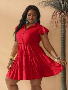 Slaydiva Plus Size Yellow Shirt-Style Summer Dress - Red - View 5