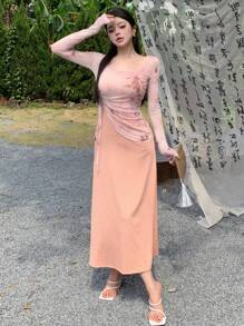 DAZY Conjunto de dos piezas con mangas largas y transparente para mujer - Naranja Coral - Ver 9