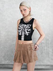 SHEIN EZwear Cool And Street-Style Motor Lady's Low-Waist A-Line Mini Skirt With Slit And Pleated Design - Khaki - View 6