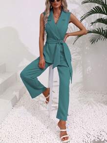 Chiquease Women's Simple Casual Collarless Sleeveless Suit Vest And Trousers Suit Set - Blue - View 1