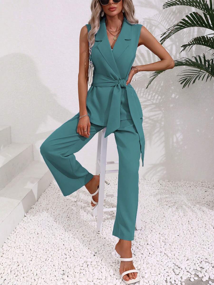 Chiquease Women's Simple Casual Collarless Sleeveless Suit Vest And Trousers Suit Set - Blue - View 1