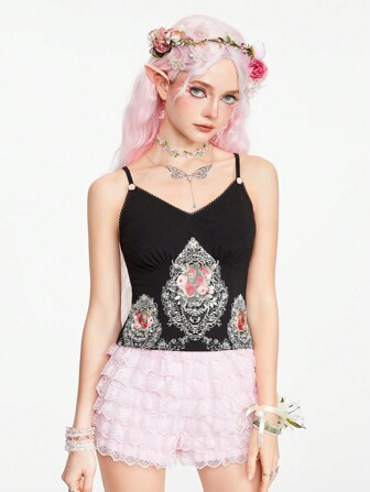 Goth Camisole Pour Femmes, Style Palais Doux Et Vintage, Peinture À Lhuile Artistique, Texture Dentelle Imprimée, Coupe Cintrée