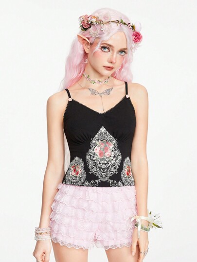 Goth Camisola ajustada de mujer con impresión de encaje de textura de pintura al óleo artística de estilo palaciego vintage y gentil