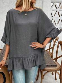 EMERY ROSE Blusa de mujer holgada con volante en el bajo y hombro descubierto