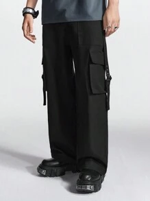 Manfinity NXTstreet Men's Eyelet Tape Design Cargo Pocketed Wide Leg Casual Pants - Black - View 3