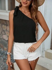 Breezaya Camisa diaria de un solo hombro de unicolor simple para mujer, top asimétrico negro de verano para mujeres