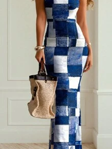 EMERY ROSE 女士时尚格纹修身紧身连衣裙 长款女装 - 藍白色 - 查看 2