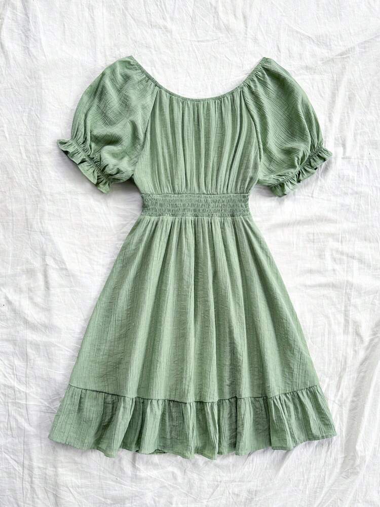 WYWH Vacation Women's Leisure Seaside Beach Vacation Bubble Sleeve Shoulder Sleeves Fabric Wrapped Waist Green A-Line Dress