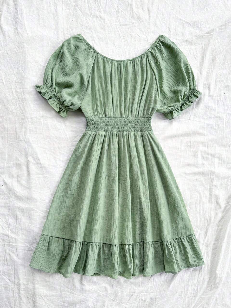 WYWH Vacation Women's Leisure Seaside Beach Vacation Bubble Sleeve Shoulder Sleeves Fabric Wrapped Waist Green A-Line Dress