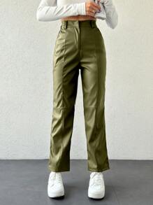 RueChic Women Straight-Legged Casual Long Pants In Solid Color PU Leather