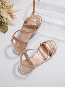 Sandal Tenun Ukuran Besar Gaya Eropa dan Amerika, Sandal Pantai Datar Wanita untuk Musim Panas, Perlengkapan Liburan Penting - Rose Gold - View 3