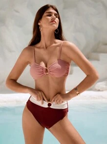 SHEIN Swim Women's Summer Beach Color Blocking Ring Linked Ruched Sexy Bikini Set