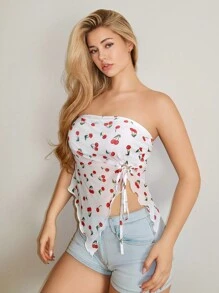 SHEIN ICON Cherry Printed Asymmetrical Hem Summer Bandeau Y2K Top With Mesh Fabric