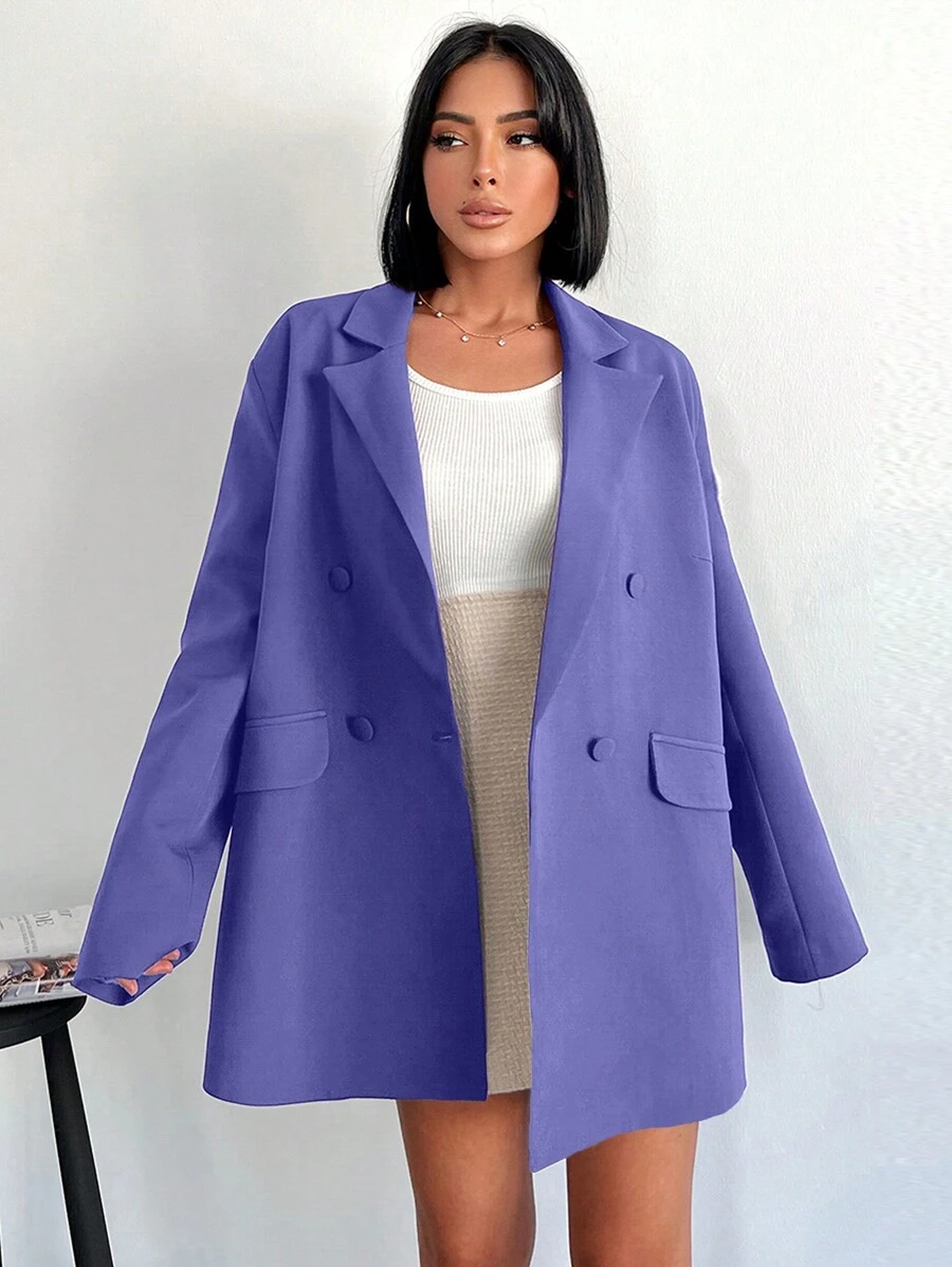 SHEIN Cottnline 翻領寬鬆雙排扣西裝外套 - 紫色 - 查看 1