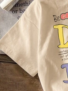 Tseoso 女士休闲简约英伦图案圆领短袖宽松T恤，适合夏季，棉混纺 - 杏色 - 查看 11