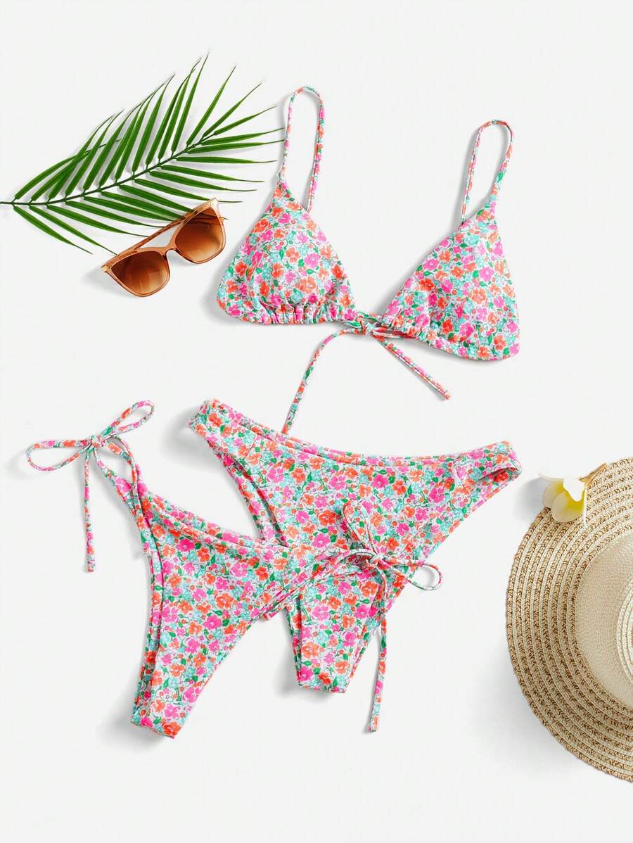 SHEIN Swim Women's Summer Beach Ditsy Floral Sexy Bikini Set - Multicolor - View 1