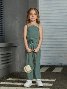 Young Girl Casual Fashion Solid Color Camisole Top With Ruffle Trim And Drawstring Wide Leg Pants Set, Family Matching Outfits Mommy And Me (2 Sets Sold Separately)