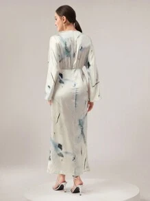 Modelyn Đầm dài cổ chữ V nhuộm màu in họa tiết viền dài phong cách Ả Rập có tay áo dài thanh lịch dành cho nữ - Màu xanh Cadet - Xem 2