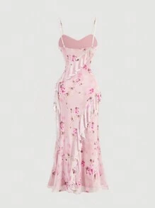 SHEIN MOD 女士粉色彈性網紗浪漫漸變花紋背心連衣裙，上下搭配荷葉邊領口和縮邊設計 - 粉色 - 查看 2