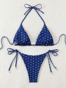 Conjunto de bikini sexy para mujer con estampado de lunares para playa de verano, con cuello halter y estampado aleatorio